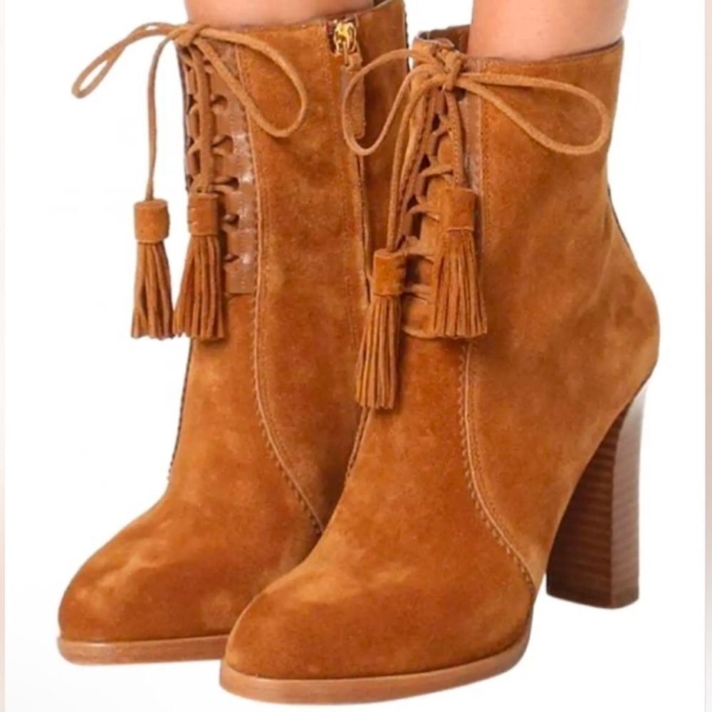 Michael Kors Collection Odile Luggage Brown Suede Lace Up Booties Size 6.5